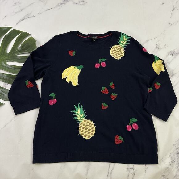 Talbots Sweaters - Talbots Fruit Print Knit Pullover Sweater Size L Blue Banana Cherry Strawberry